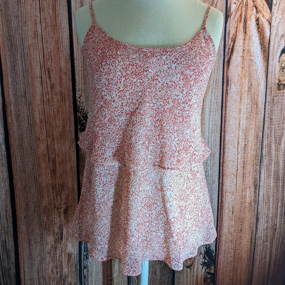 CAbi | Orange & White Flowy Ruffle Tank Top Adjustable Spaghetti Straps Small